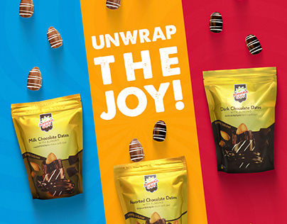 Chocolate dates packaging poster in bright colours – graphic design by Naveen Freelancer, Bengaluru