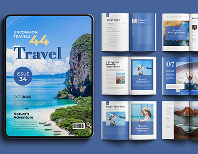 Travel magazine cover and editorial page layout – graphic design by Naveen Freelancer, Bengaluru